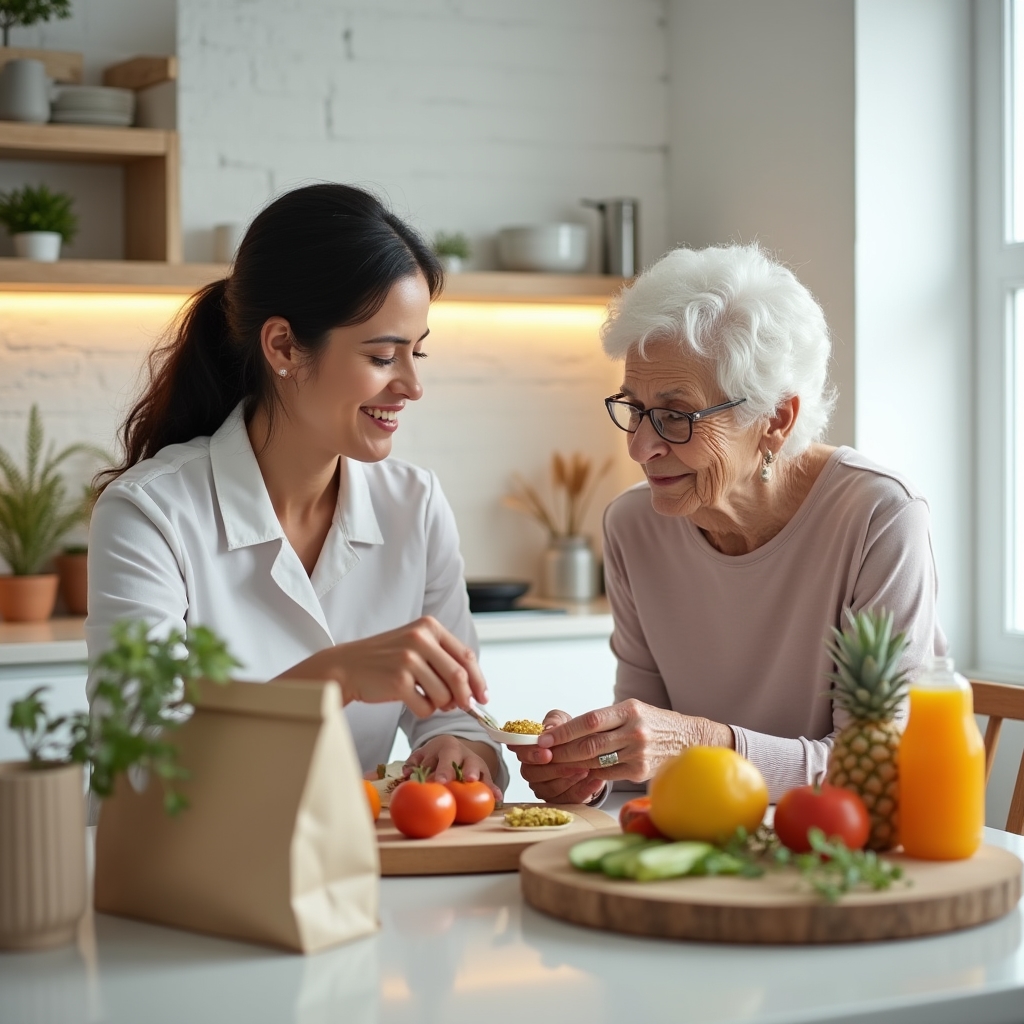 Badante e persona anziana che controllano prodotti alimentari insieme in cucina