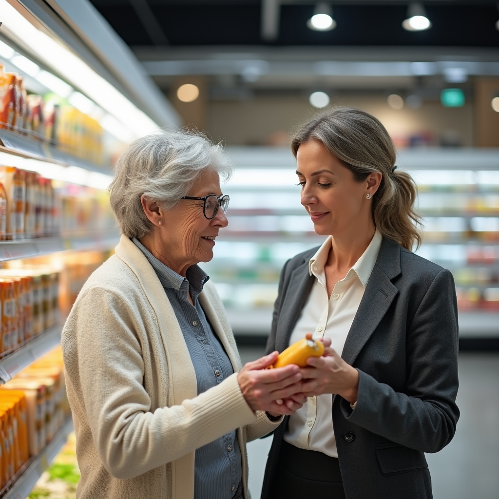 Persona anziana assistita da consulente in corsia di supermercato