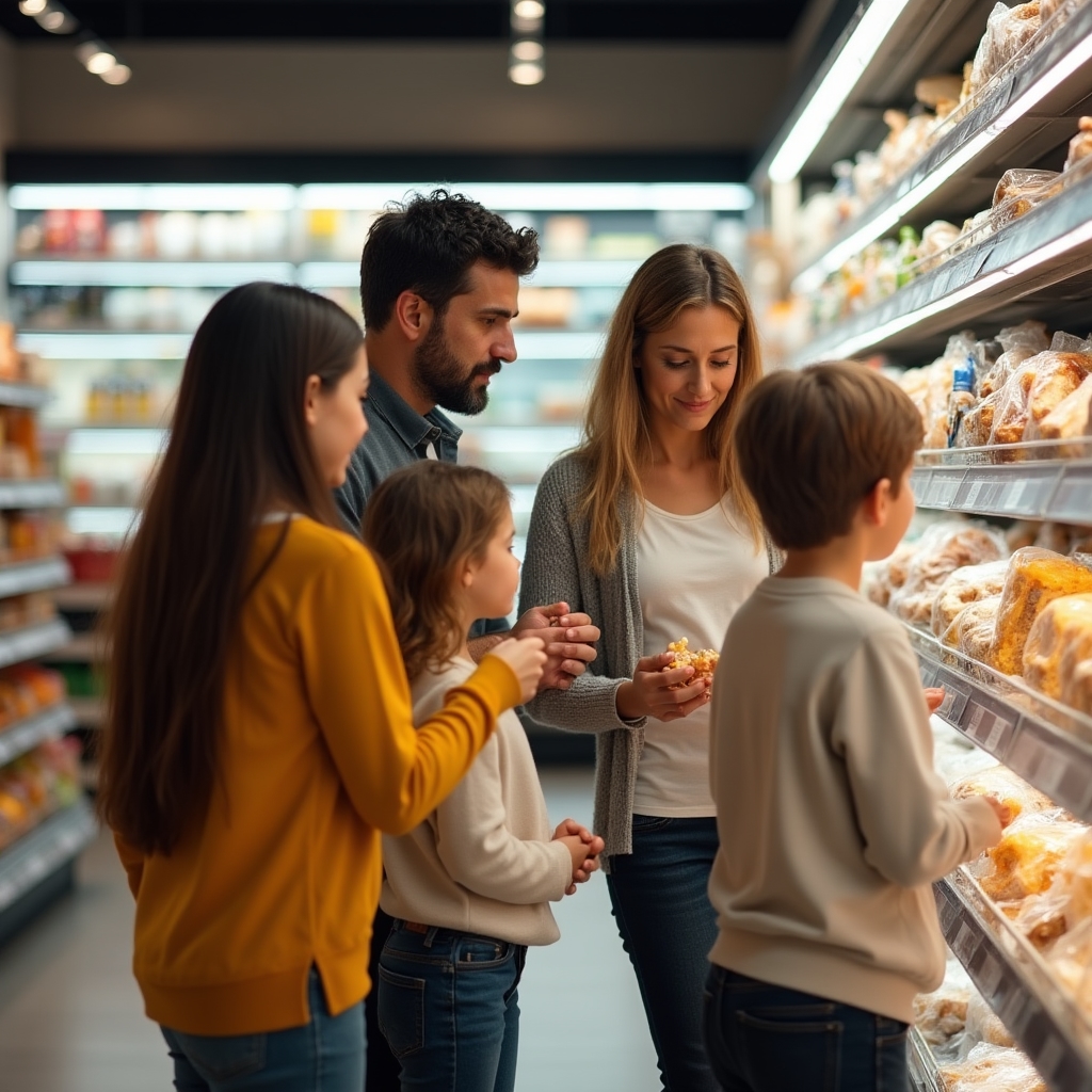 Famiglia che fa la spesa insieme con consulente in supermercato luminoso