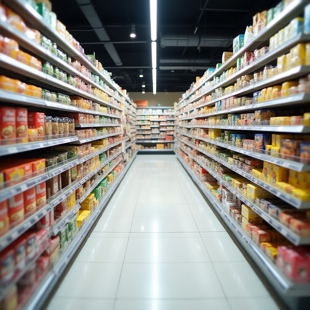 Corridoio di supermercato con scaffali di prodotti alimentari