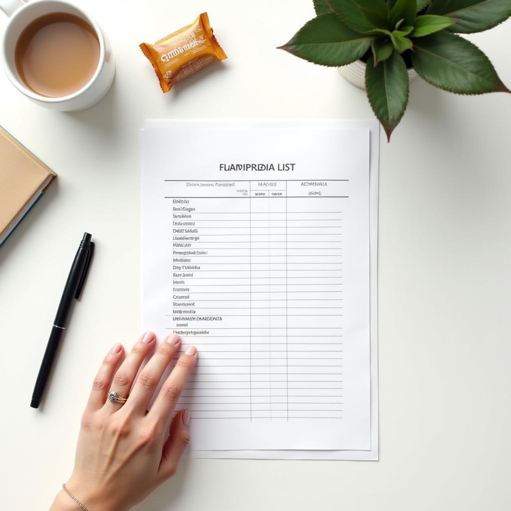 Lista della spesa organizzata con categorie e prodotti verificati su tavolo chiaro